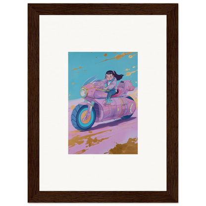 Stylized illustration of a person on a pink motorcycle for Dreamwave Photon Chase canvas print