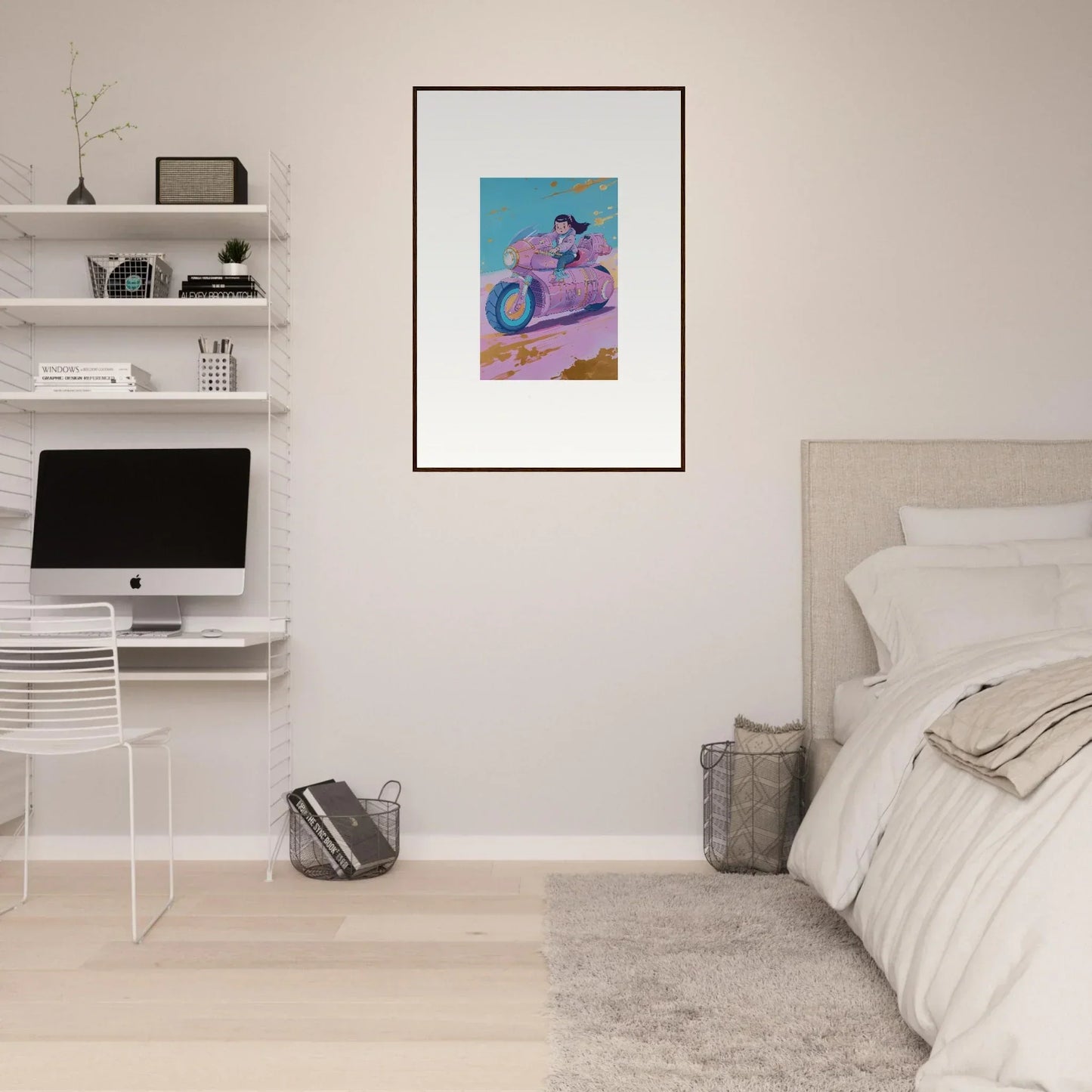 Framed canvas print of colorful artwork featuring a person on a motorcycle for room decoration