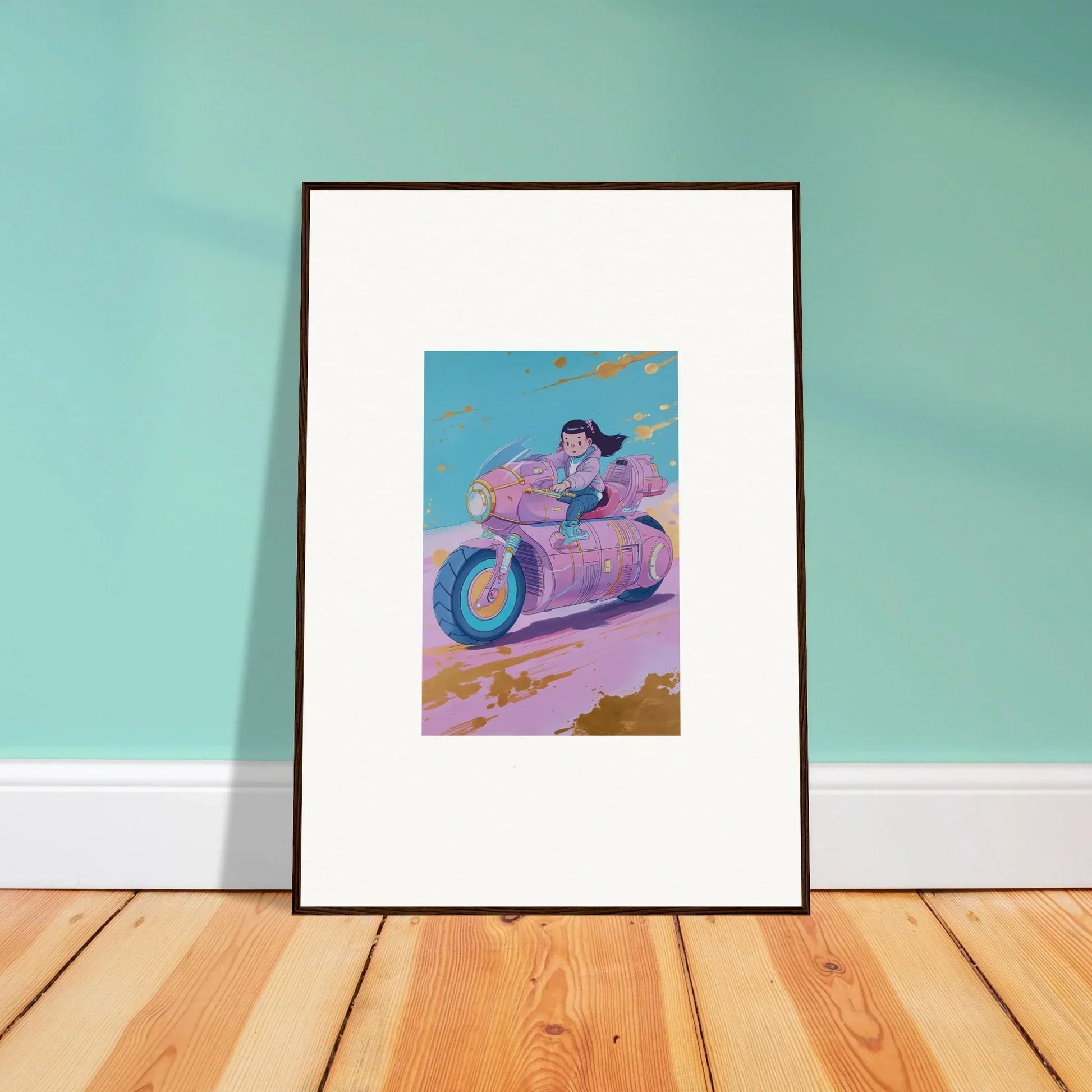 Framed canvas print of a cartoon character on a pink motorcycle for cool room decoration