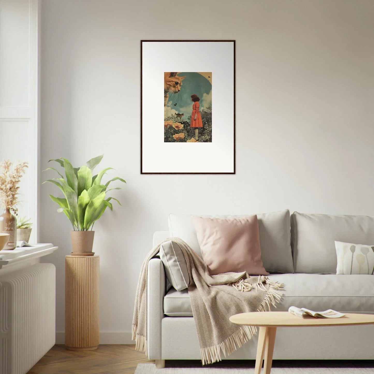 Framed vintage-style artwork of a red figure with flowers and butterflies for room decor