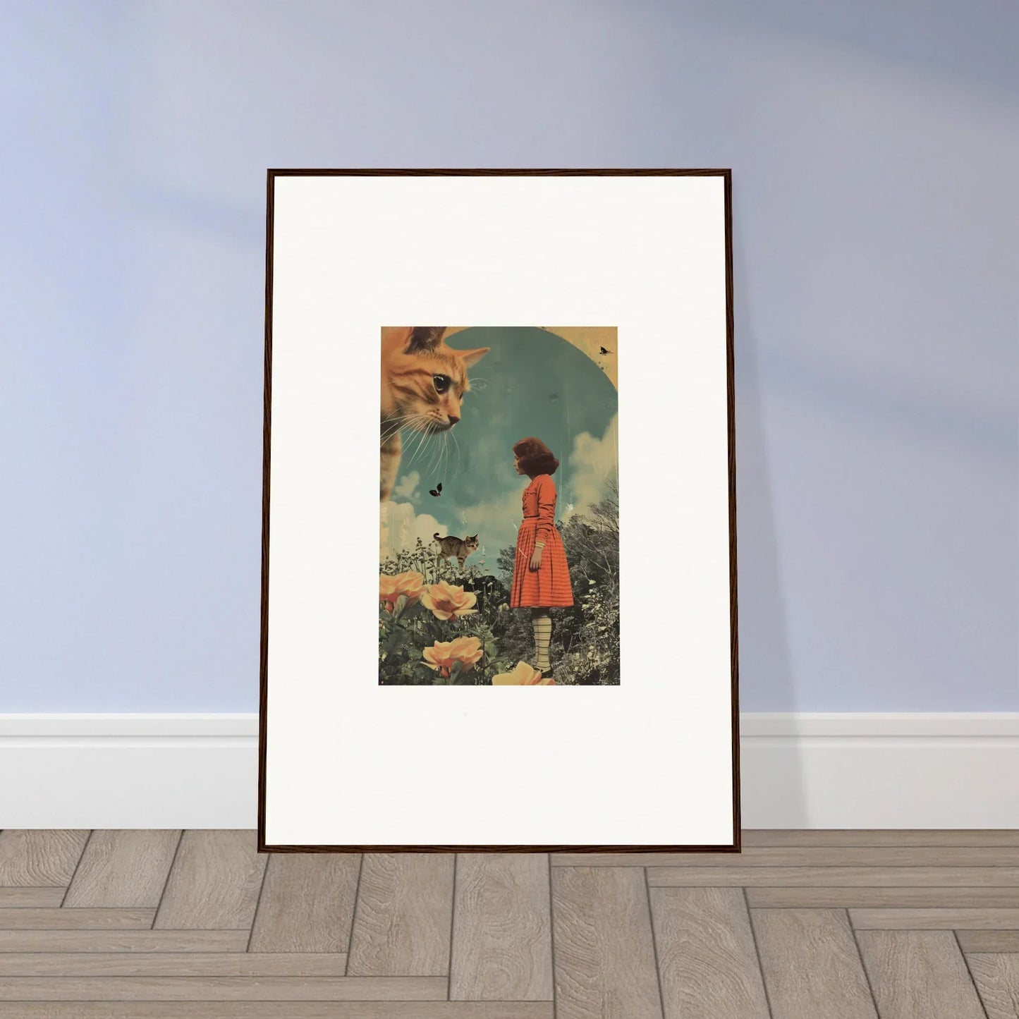 Framed wall art of a surreal collage with a person in a red dress and oversized flowers