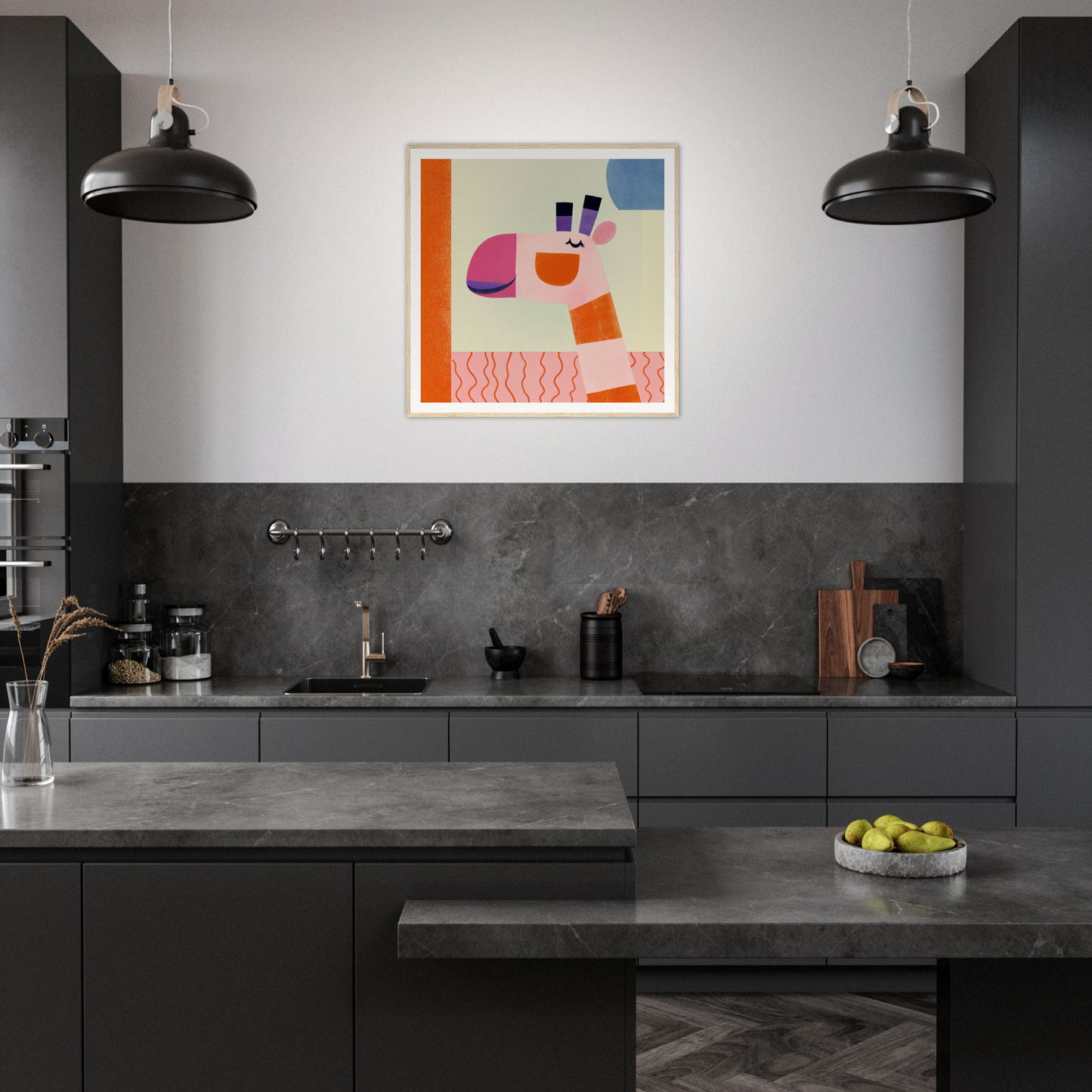 Modern dark gray kitchen featuring black pendant lights and colorful art from Dreamy Giraffe Reverie