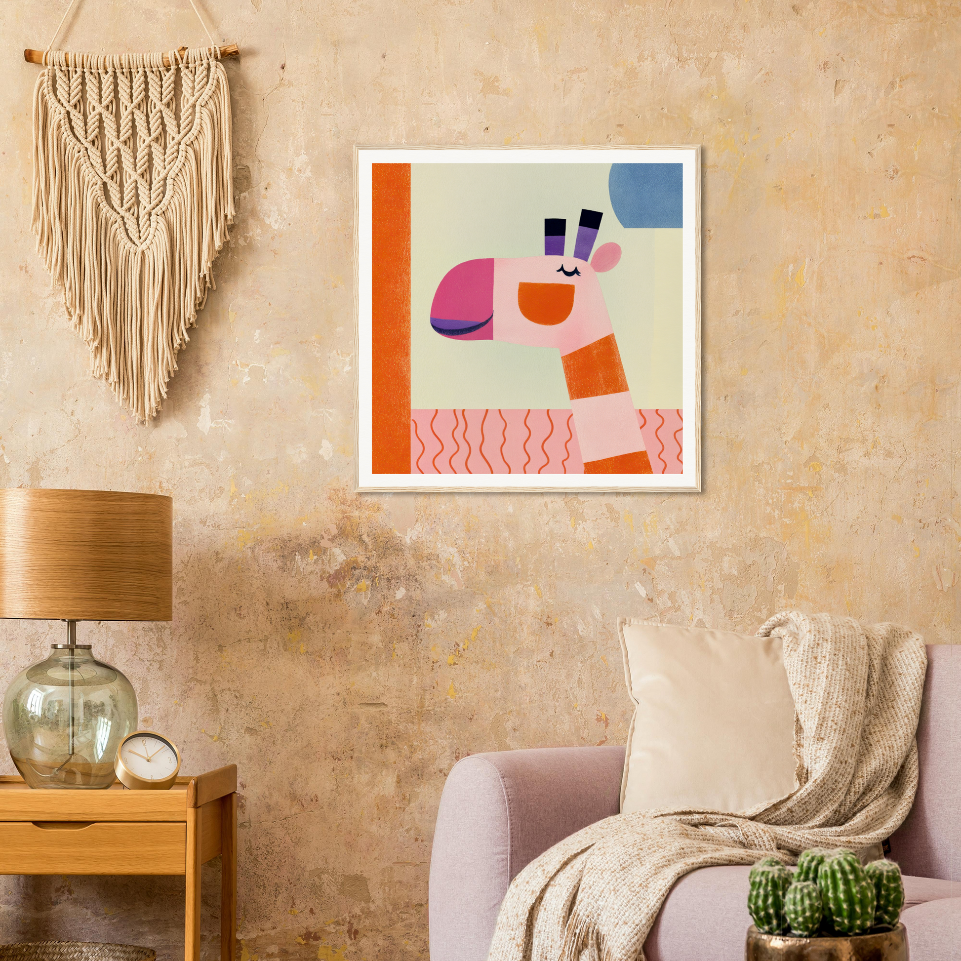 Abstract geometric art print in pink, orange, blue, and purple from Dreamy Giraffe Reverie