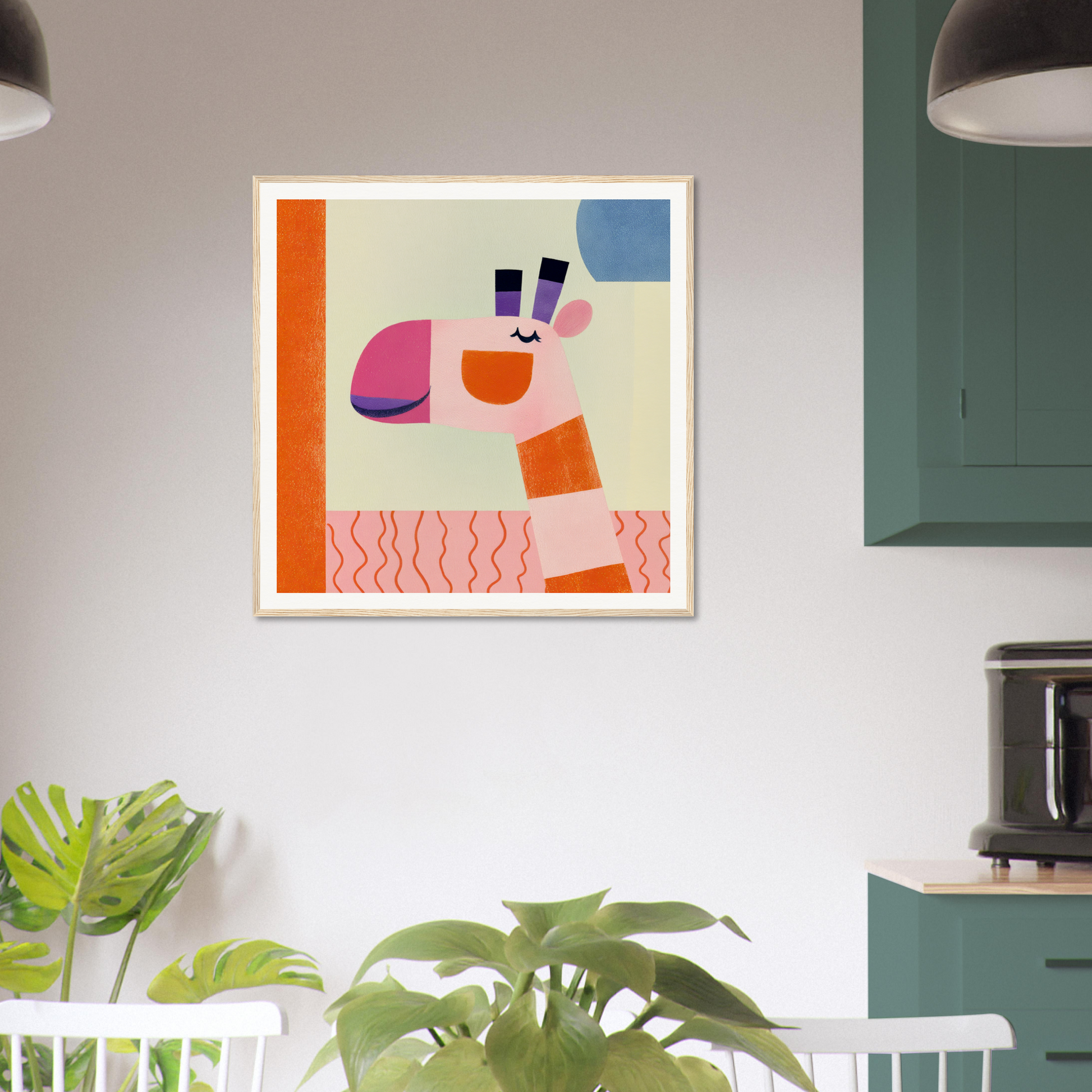 Abstract geometric artwork in pink, orange, and blue tones from Dreamy Giraffe Reverie