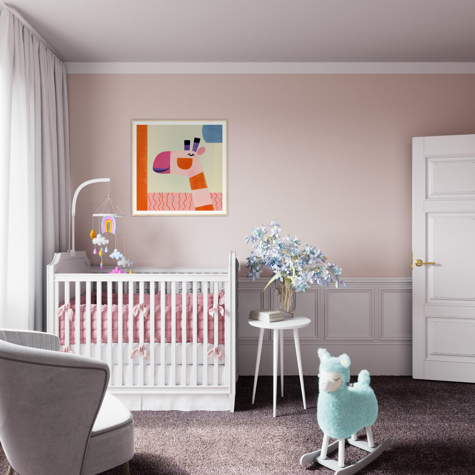 White wooden crib with pink striped bedding from the Special Edition Dreamy Giraffe Reverie