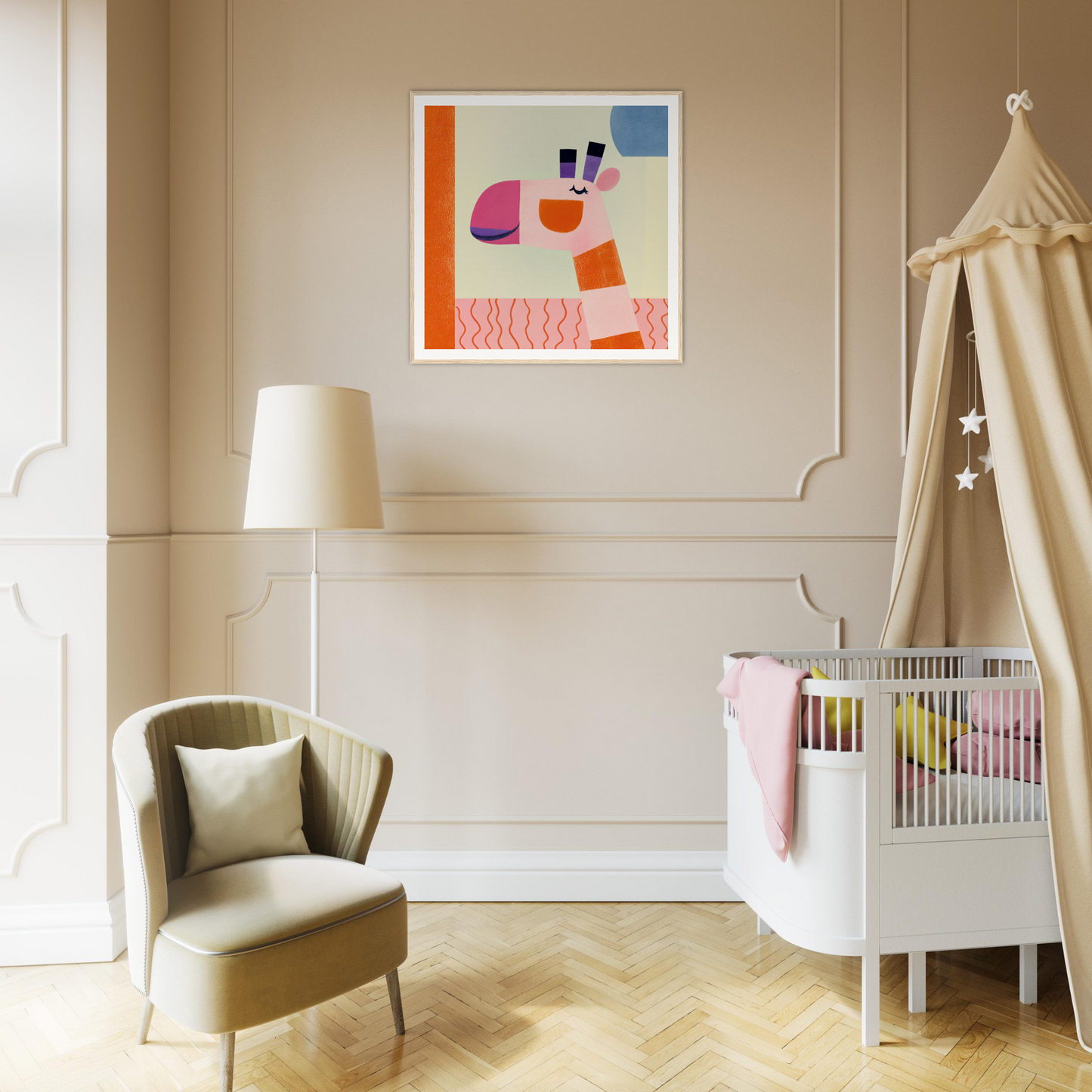 Modern nursery with white crib and abstract art from the Dreamy Giraffe Reverie collection