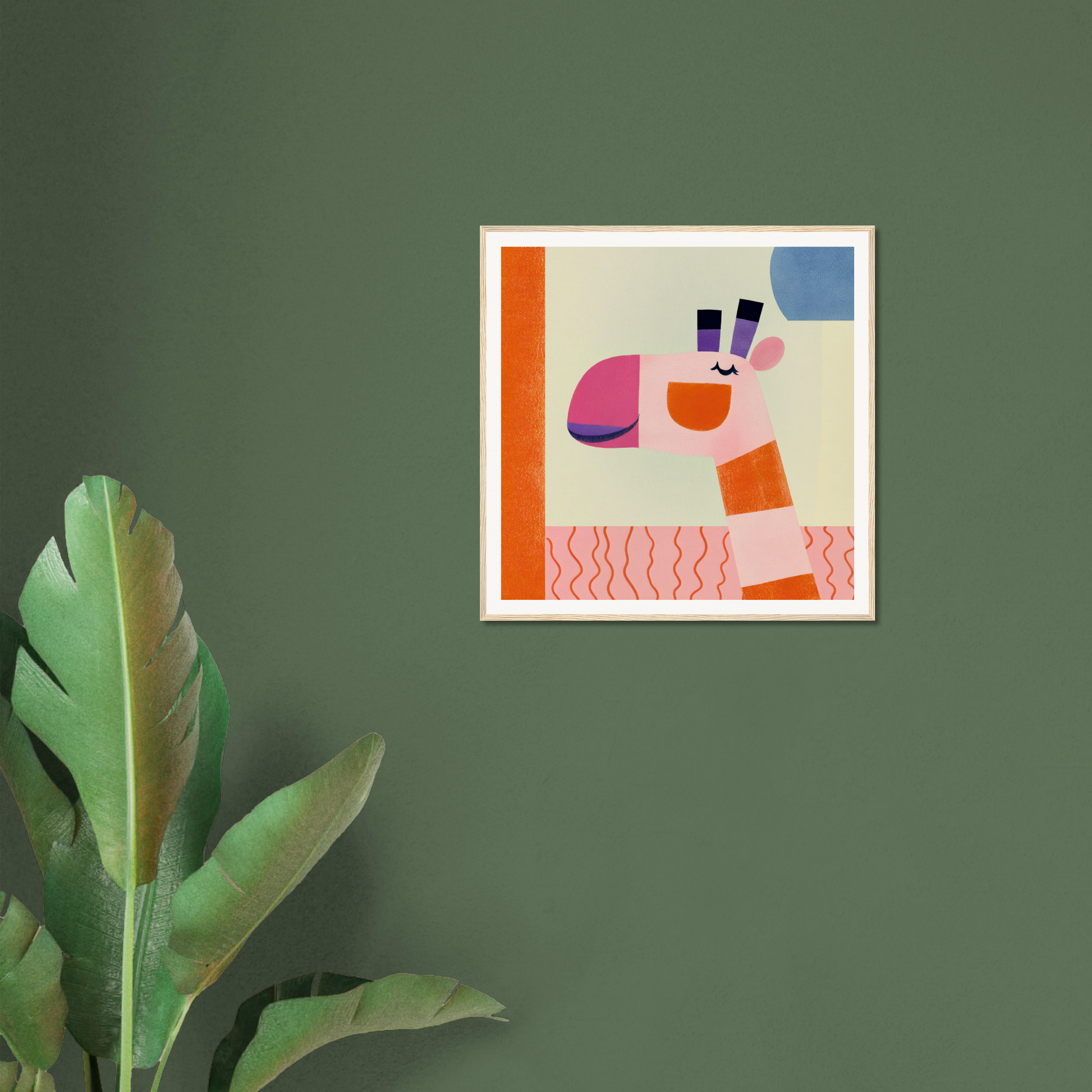 Abstract art featuring geometric shapes in pink, orange, and blue for Dreamy Giraffe Reverie