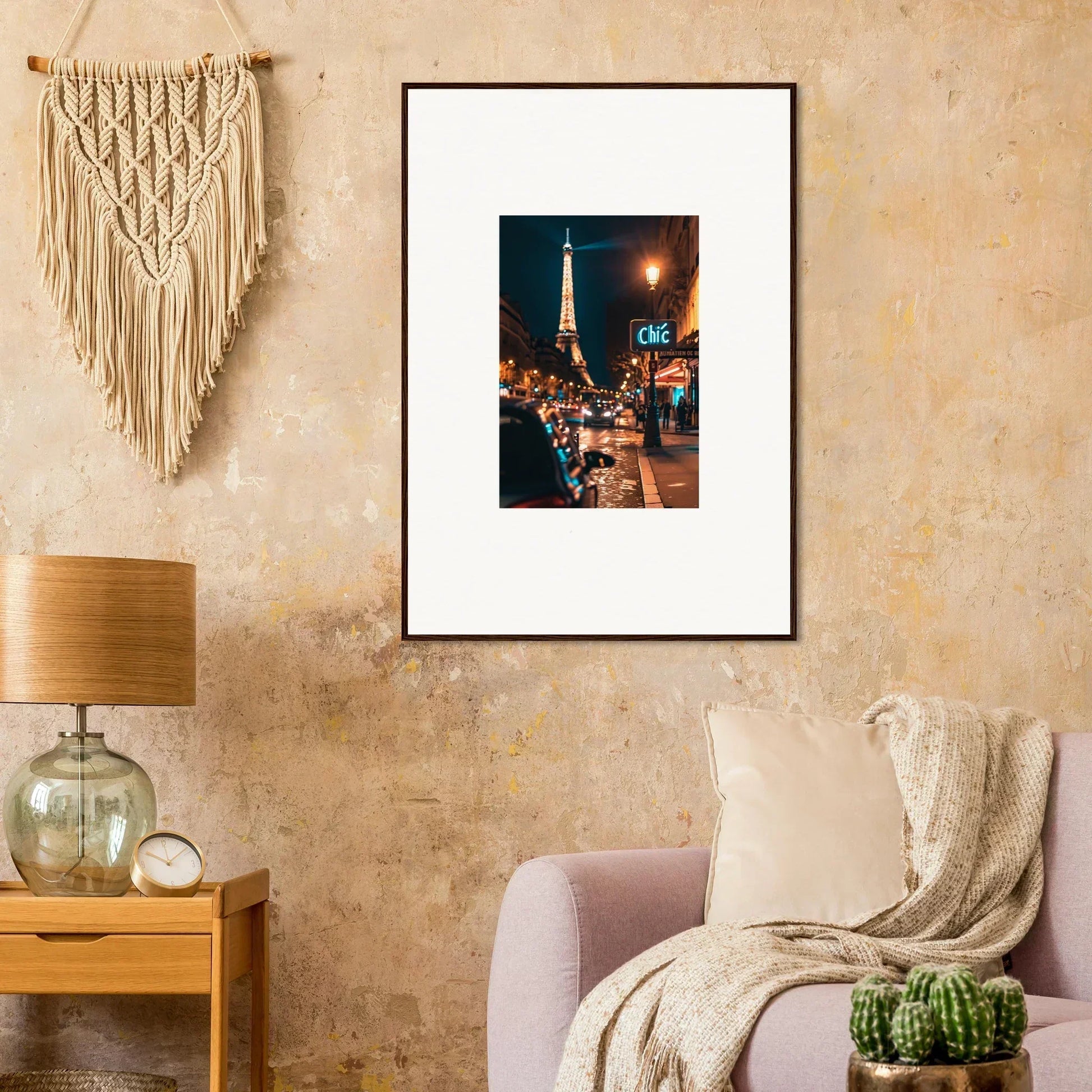 Framed nighttime Paris street scene with Eiffel Tower, perfect for wall art and room decoration