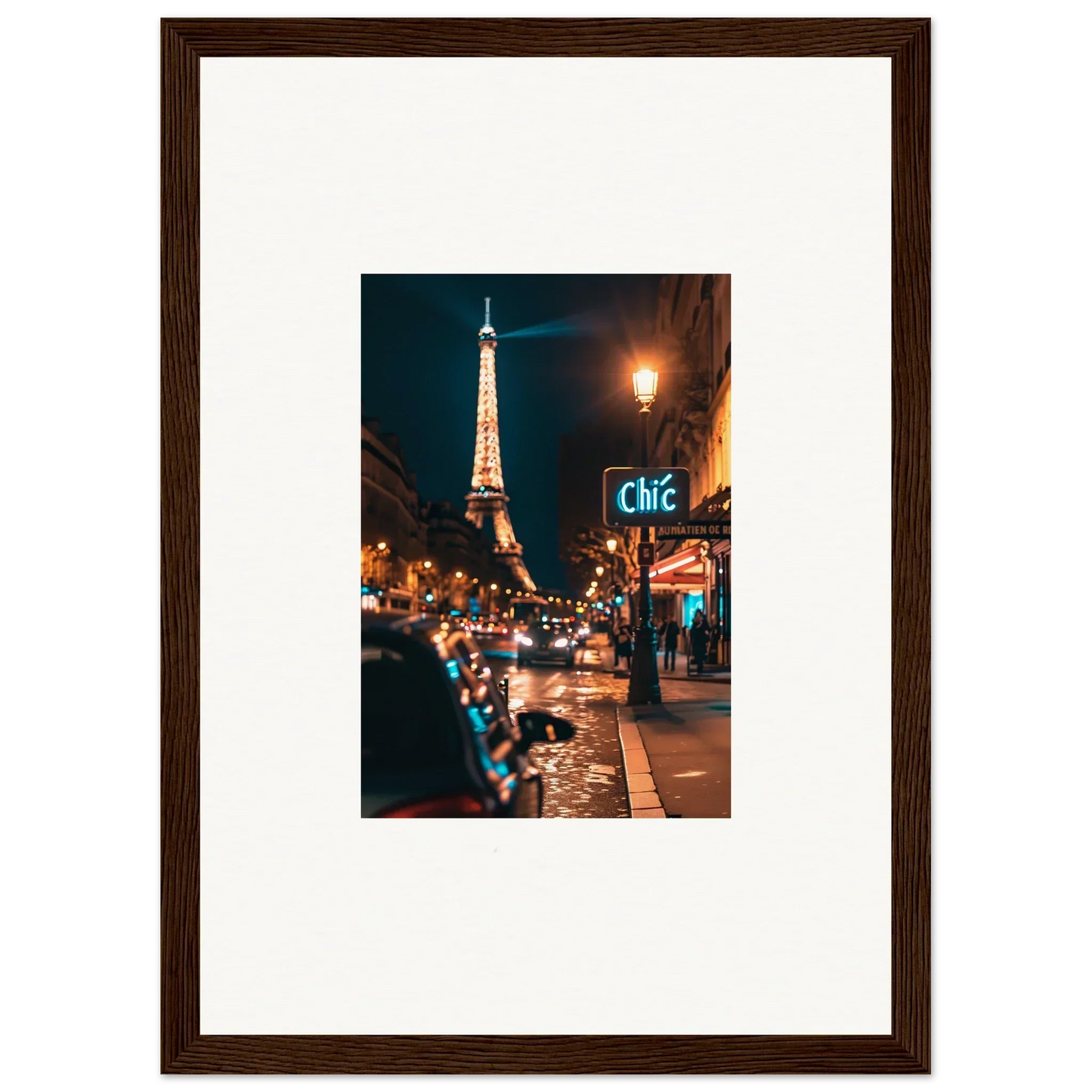 Framed canvas print of a Parisian night scene with Eiffel Tower, perfect wall art for room decoration