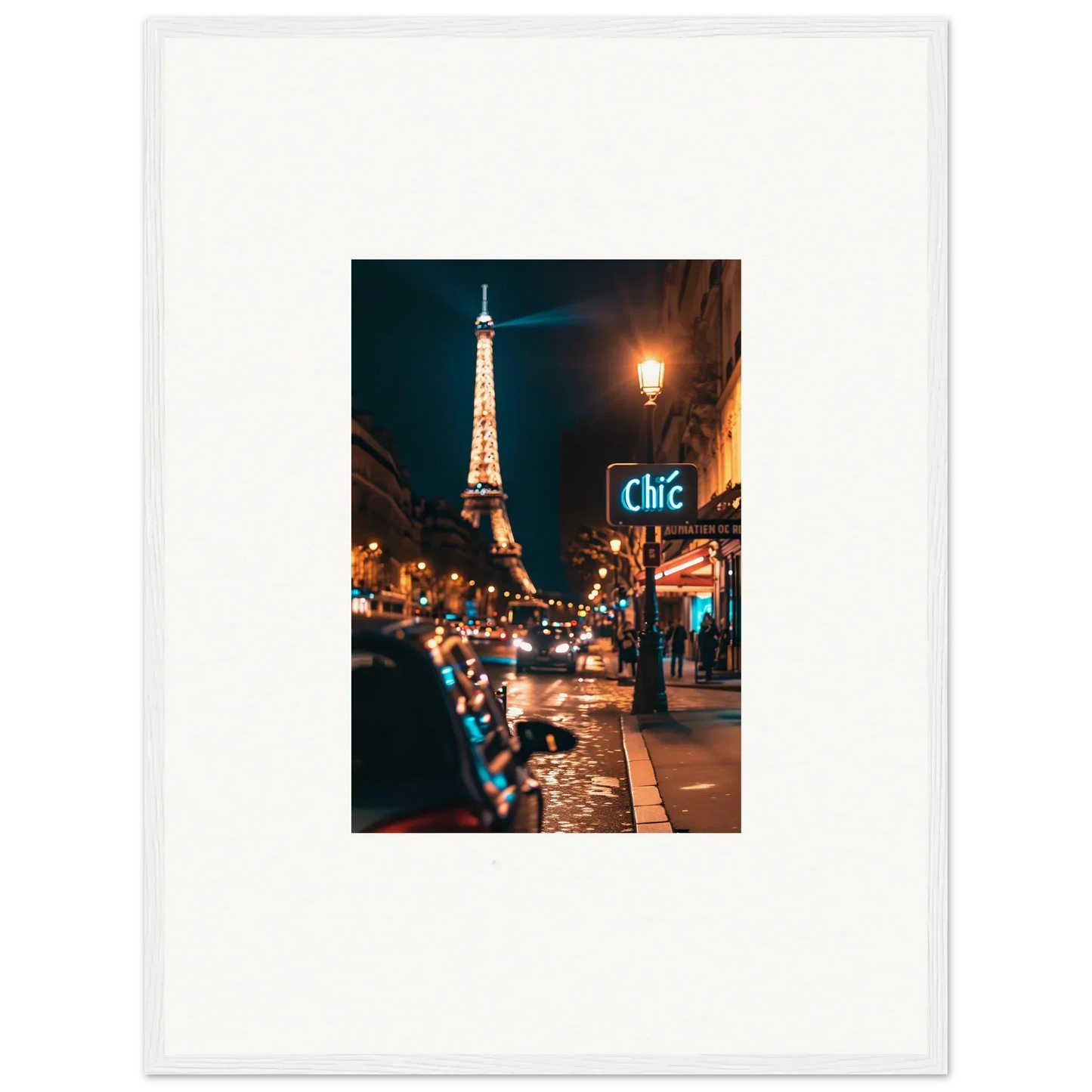 Illuminated Eiffel Tower at night seen from a cozy street, perfect canvas print wall art