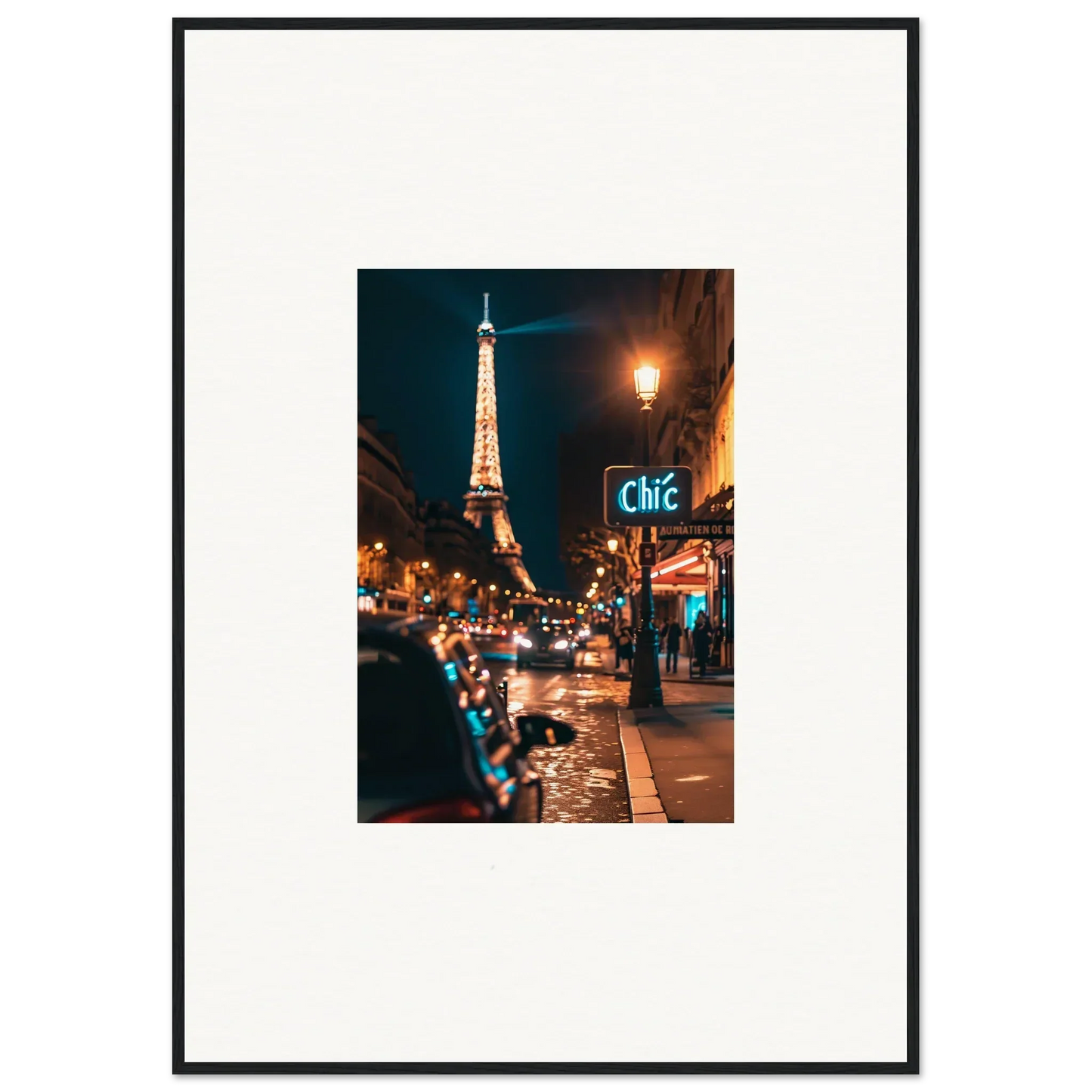 Framed photo of Paris at night with Eiffel Tower, perfect wall art for room decoration