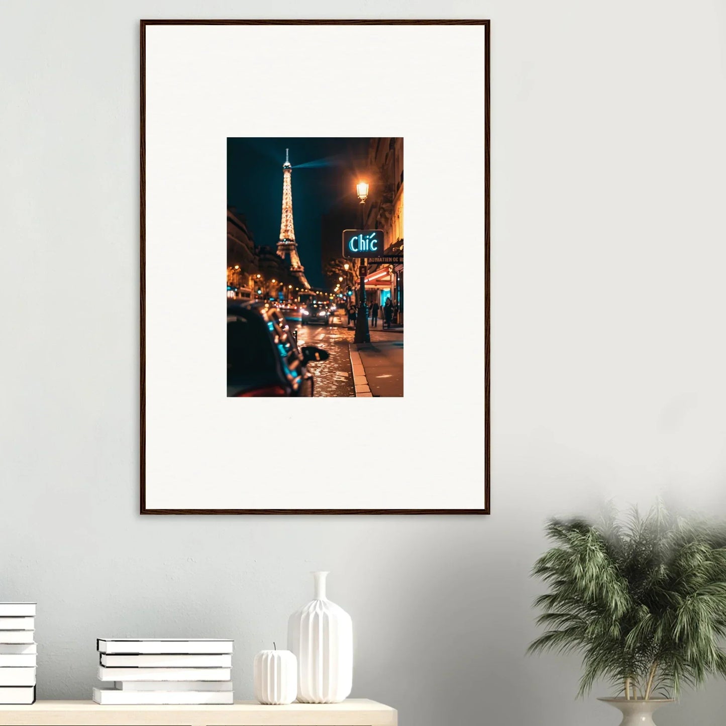 Framed wall art of a Paris street with the Eiffel Tower, perfect for room decoration