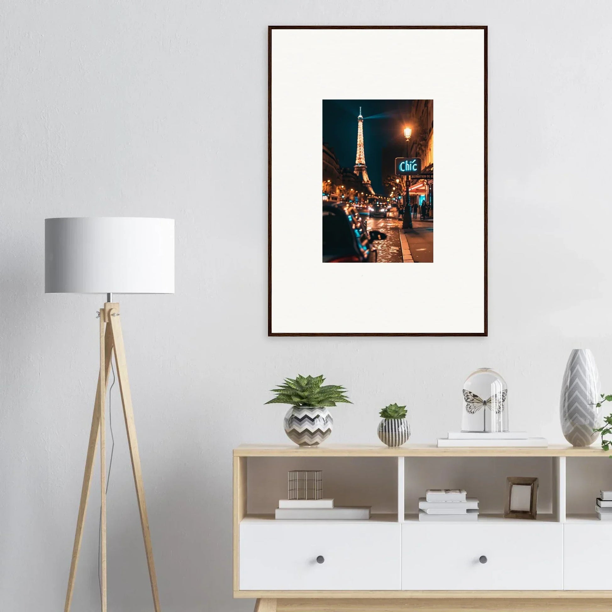 Framed wall art of a Parisian street with the Eiffel Tower, perfect for room decoration