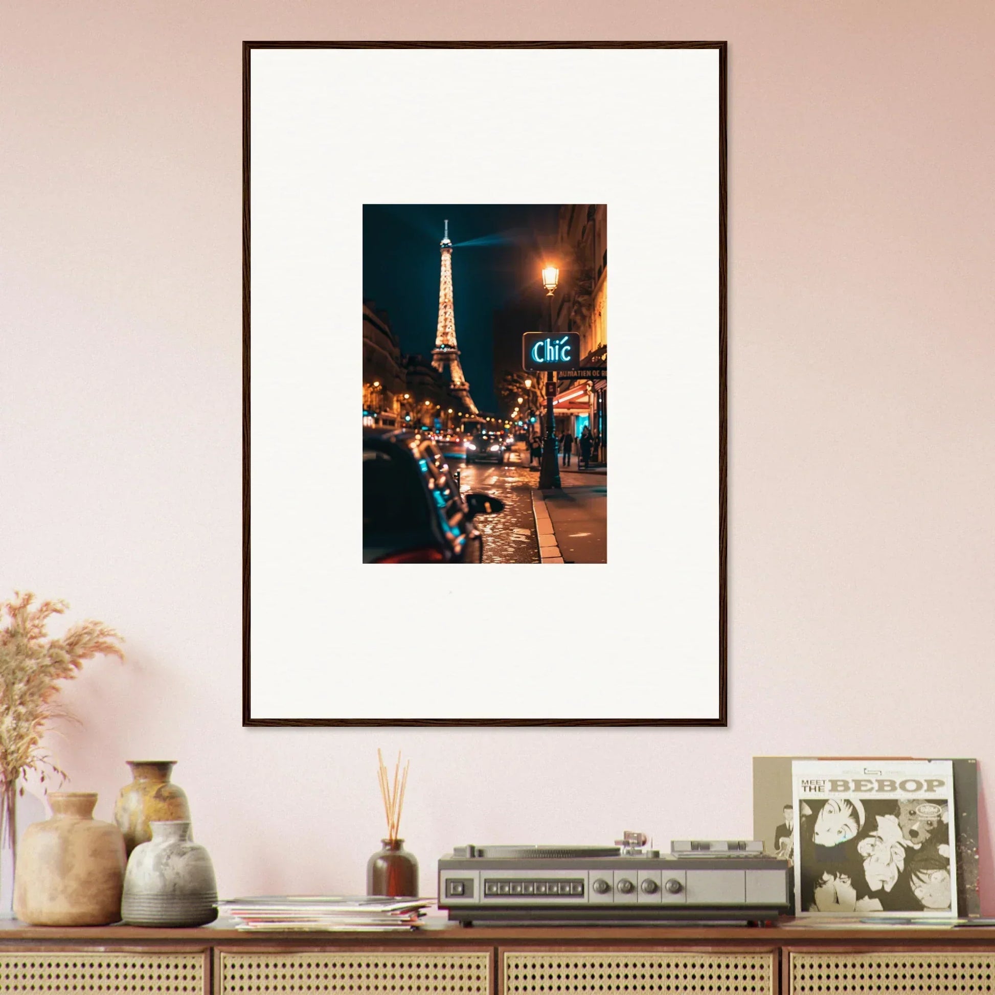 Framed night scene of Paris with the Eiffel Tower, perfect for room decoration or wall art