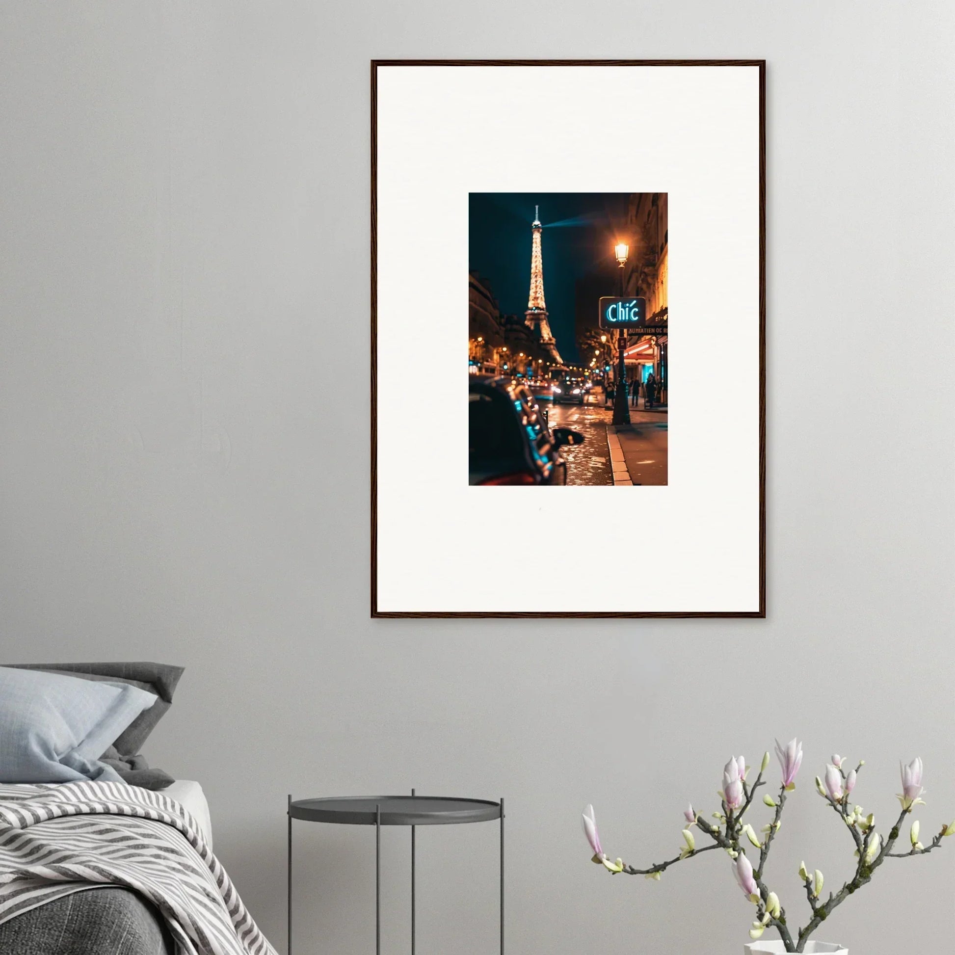 Framed wall art of a dreamy Paris street with the Eiffel Tower for room decoration