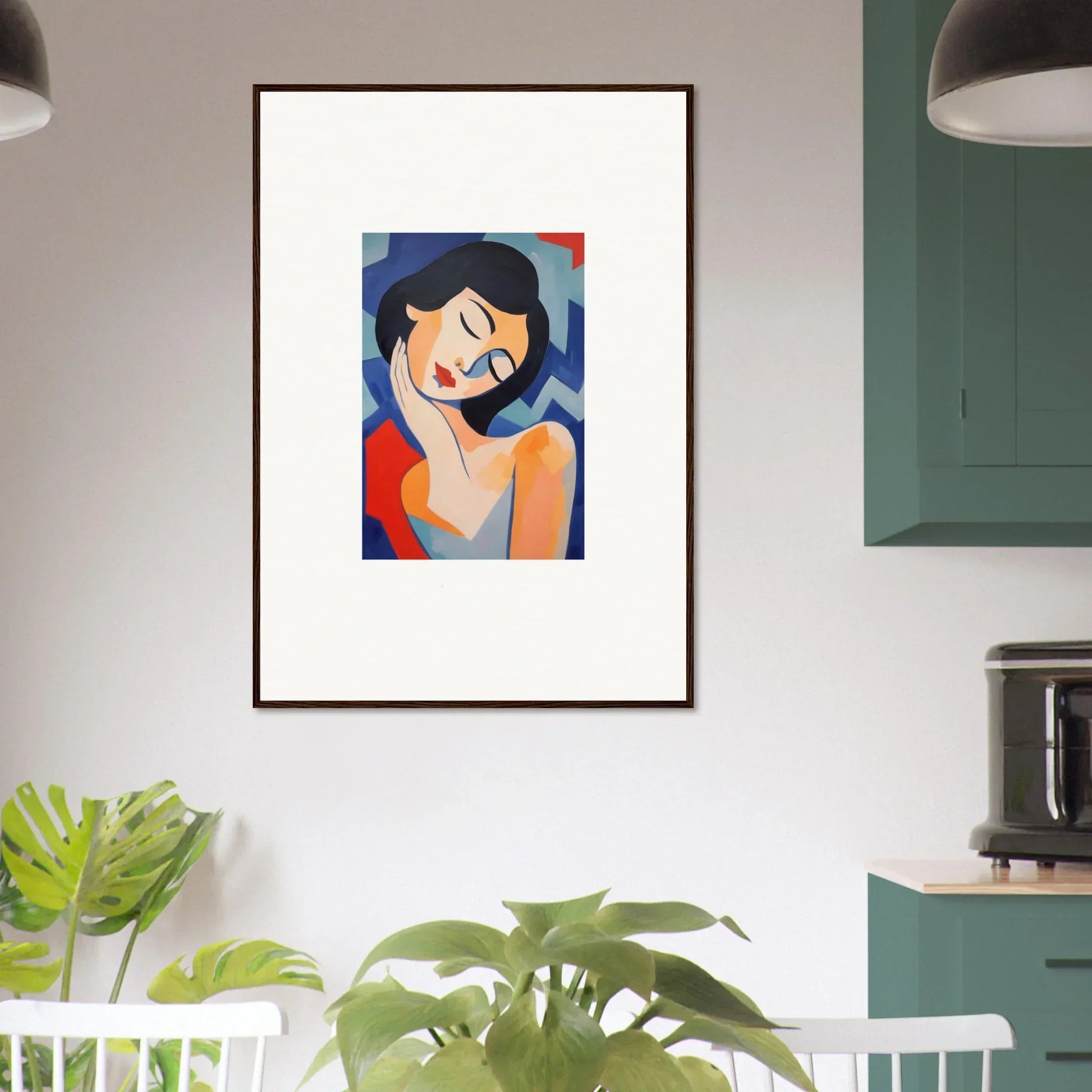 Framed canvas print of a woman with closed eyes for dreamy room decoration