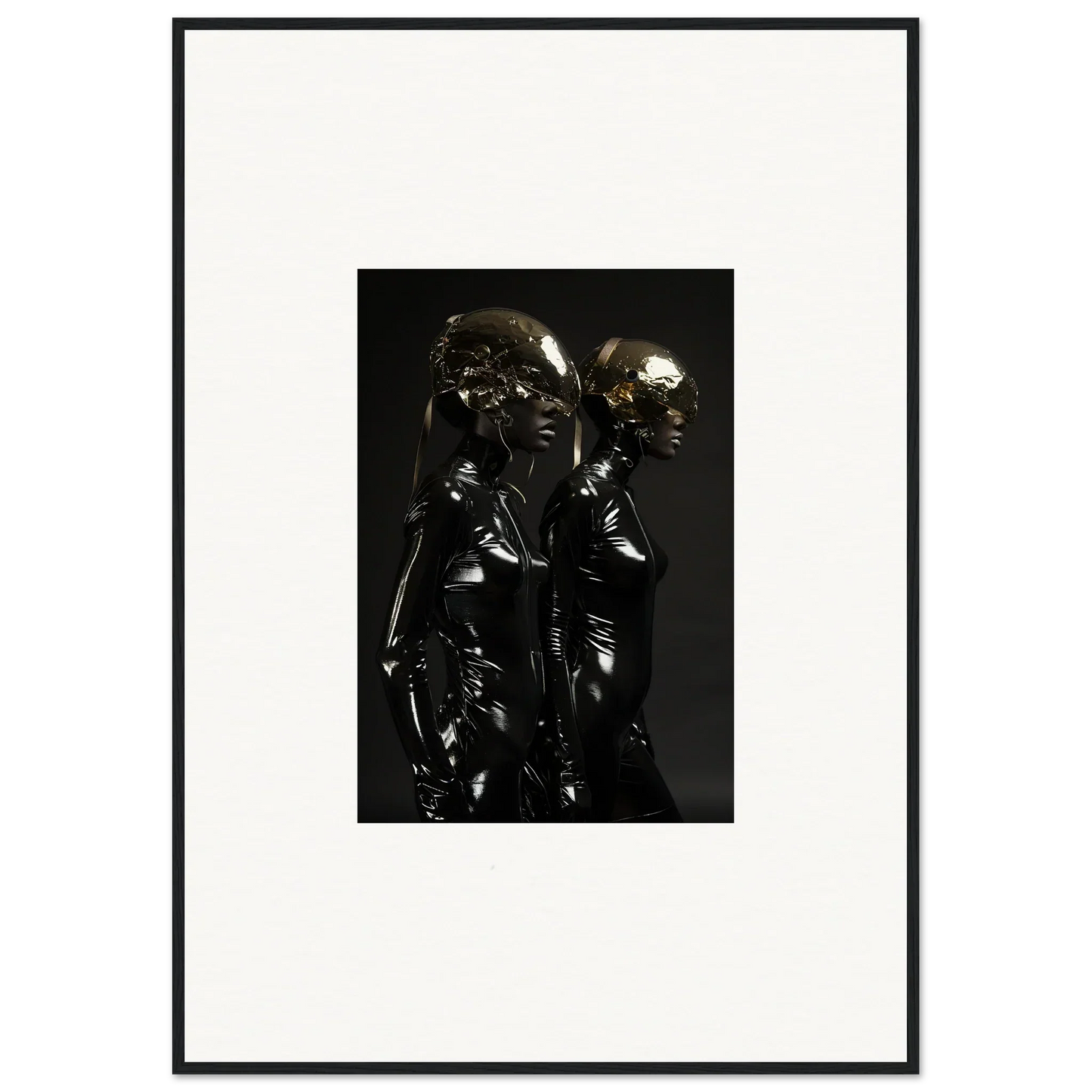 Framed black and white photograph of two shiny metallic figures standing close together.