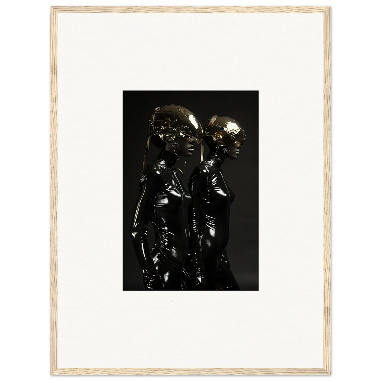 Framed black and white photograph of two shiny metallic humanoid figures standing close together.