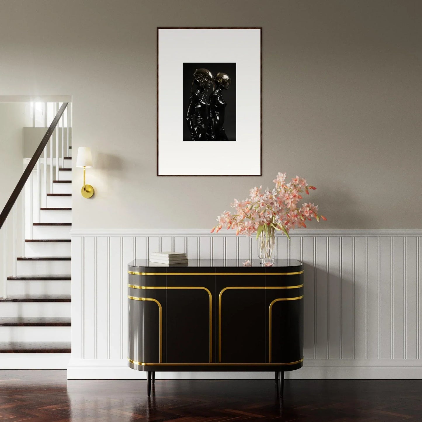 Elegant black and gold sideboard with curved edges and cabinet doors.