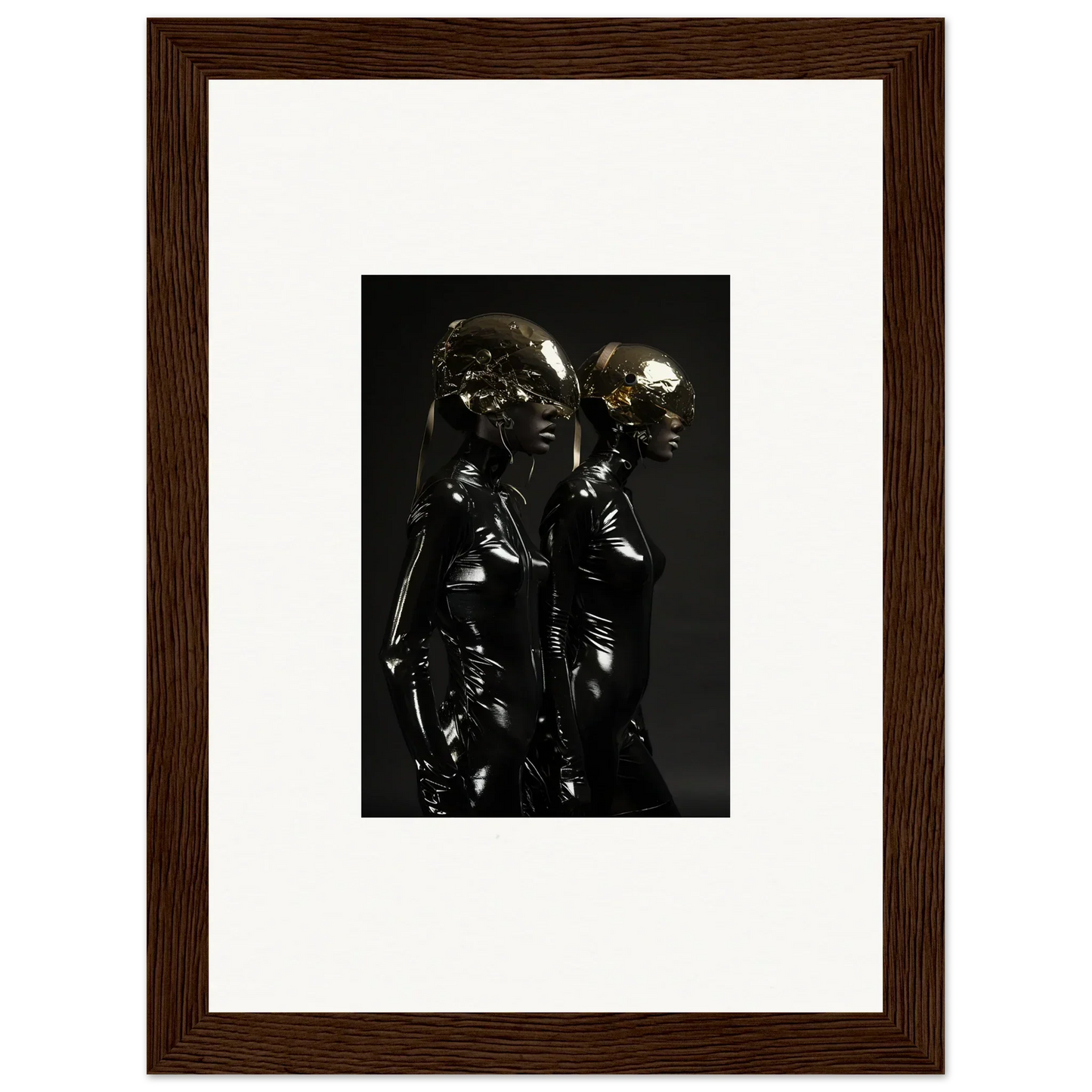 Framed photograph of two shiny, metallic humanoid figures standing close together against a dark background.