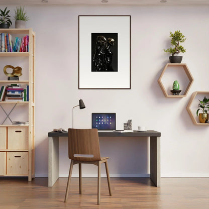 Home office workspace with a desk, chair, and decorative wall shelves.