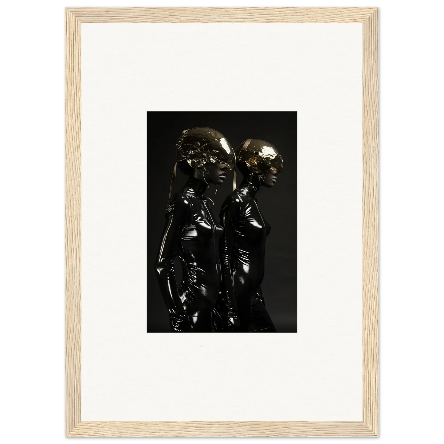 Framed photograph of two shiny black figures standing close together.