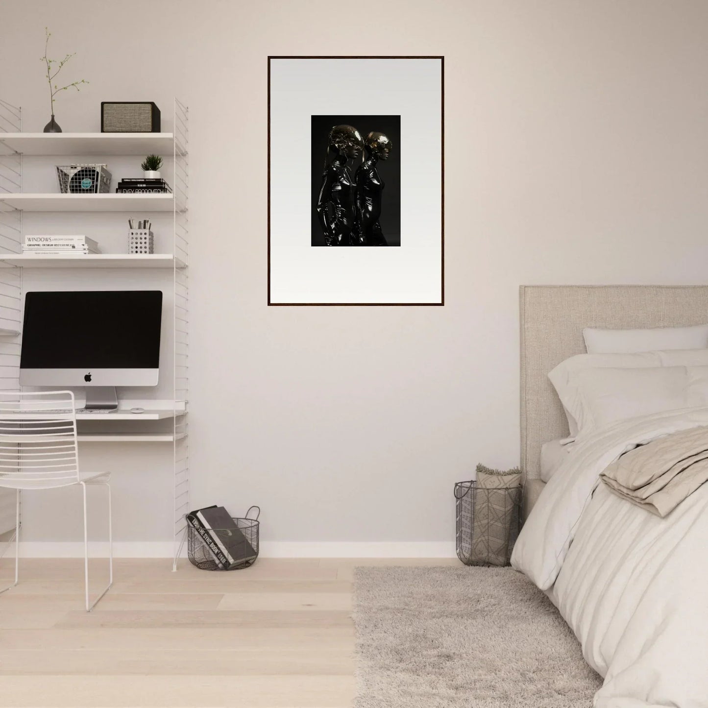 Minimalist bedroom with white walls, floating shelves, and a framed black artwork.