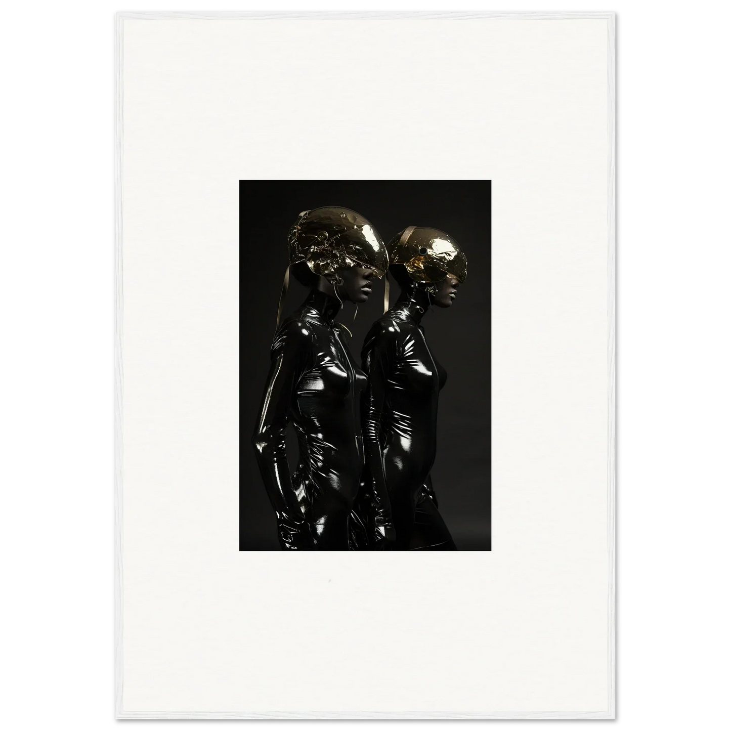 Dark metallic sculpture depicting two closely positioned figures.