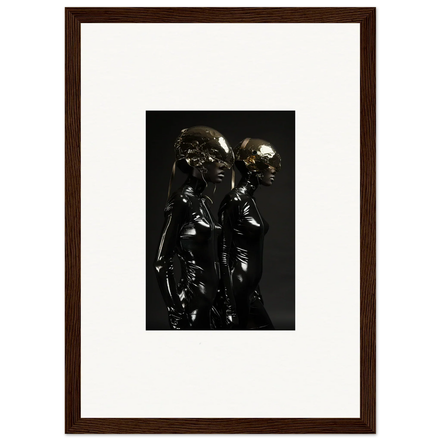 Framed photograph of two shiny, metallic humanoid figures standing close together.