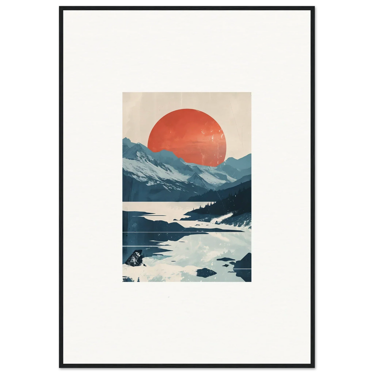 Framed canvas print of Dusky Celestial Reverie with mountains and a red sun for room decoration