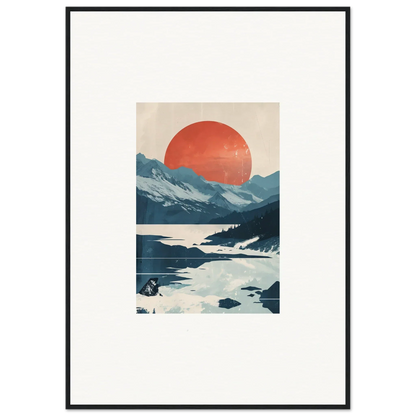 Framed canvas print of Dusky Celestial Reverie with mountains and a red sun for room decoration