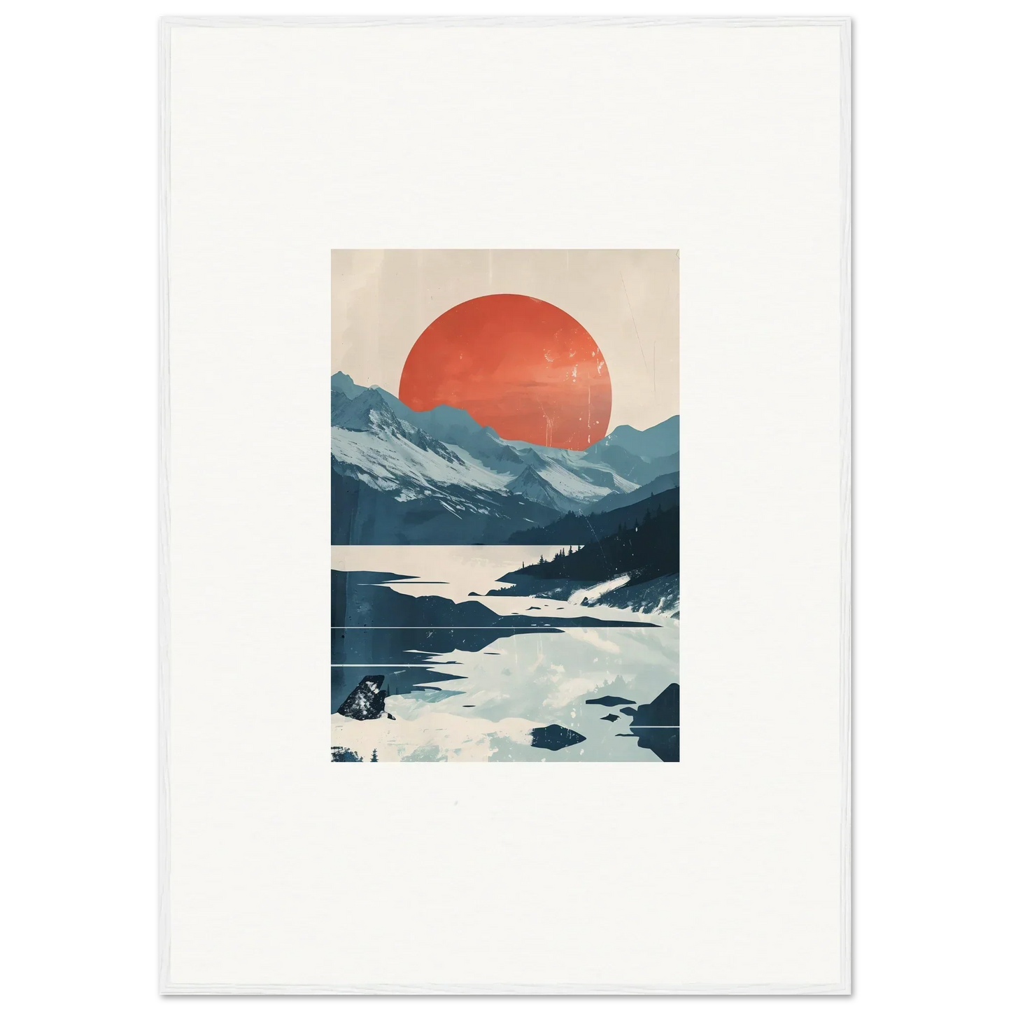 Minimalist landscape canvas print of a celestial reverie with mountains, lake, and red sun