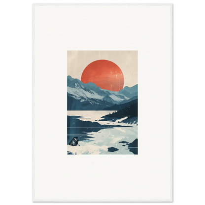 Minimalist landscape canvas print of a celestial reverie with mountains, lake, and red sun