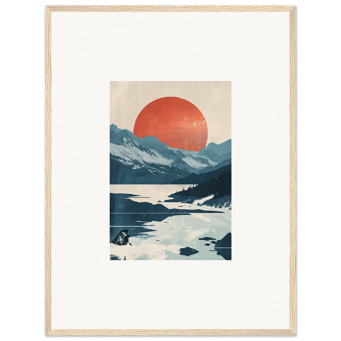 Framed canvas print of a celestial reverie with mountains and a red sun for room decoration