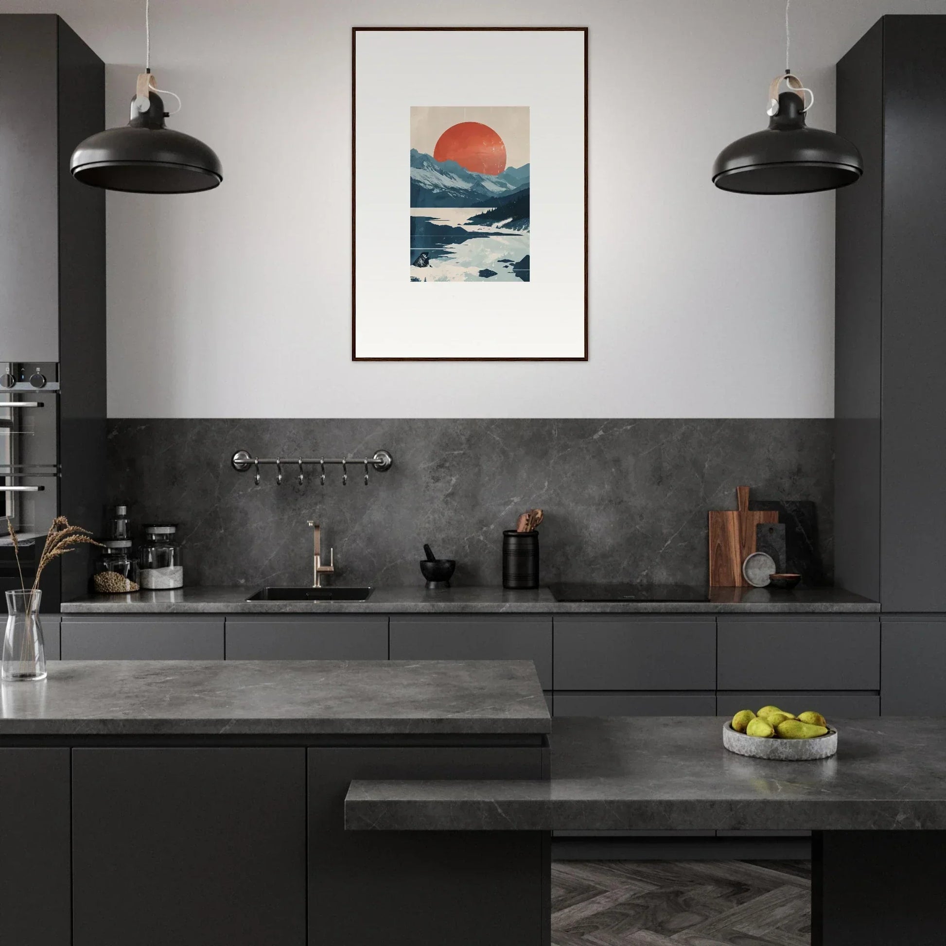 Modern kitchen with dark gray cabinets and Celestial Reverie canvas print artwork