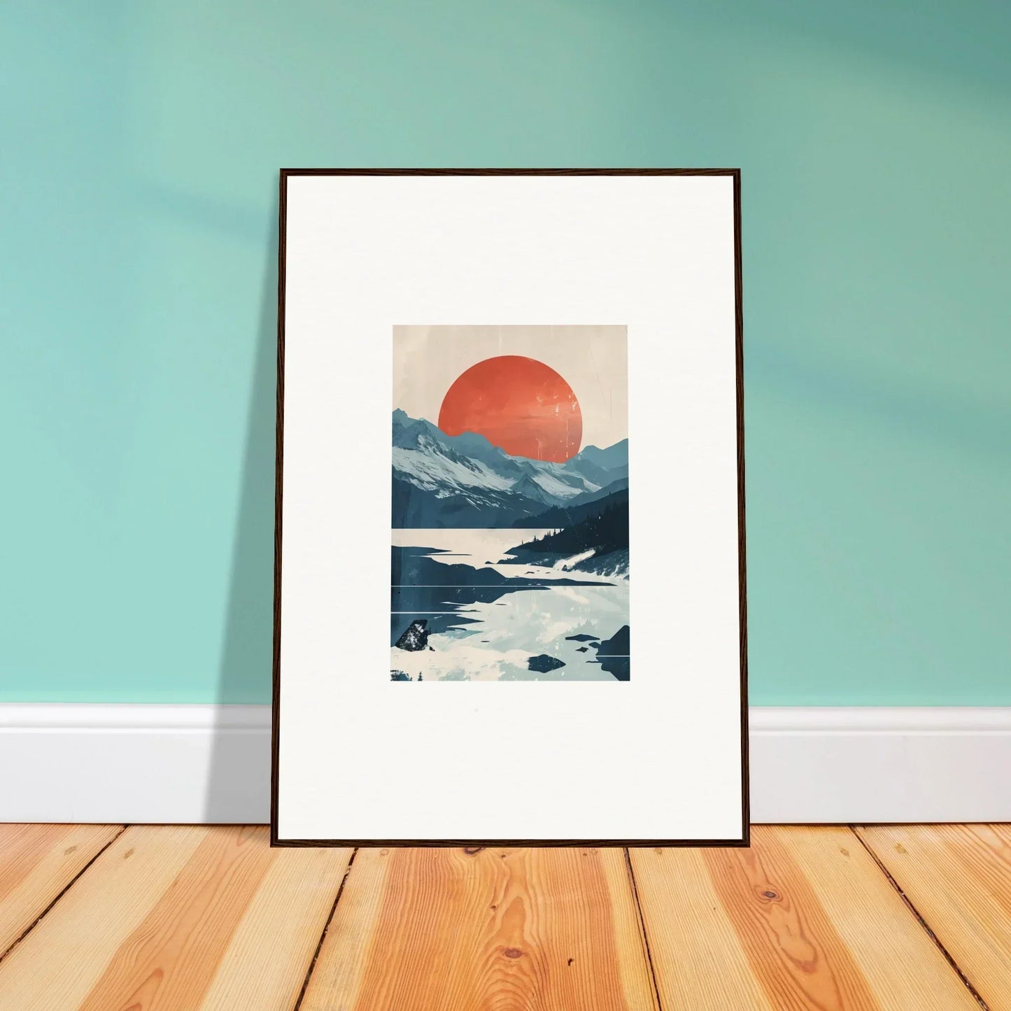 Framed canvas print of Dusky Celestial Reverie landscape with mountains and a red sun