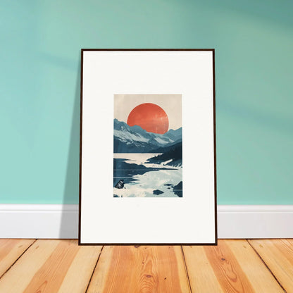 Framed canvas print of Dusky Celestial Reverie landscape with mountains and a red sun