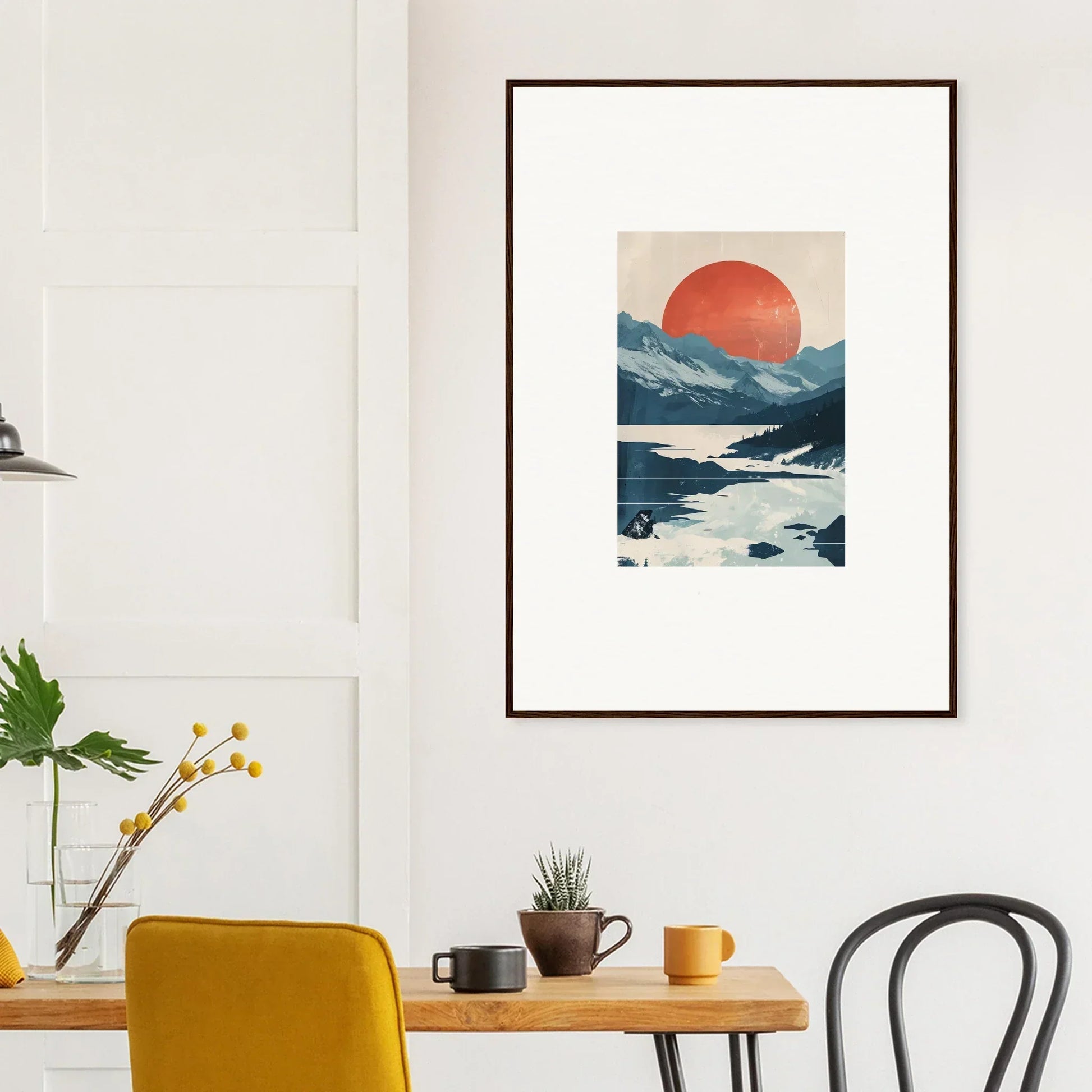 Framed canvas print of a mountainous landscape with a red sun for celestial reverie room decoration