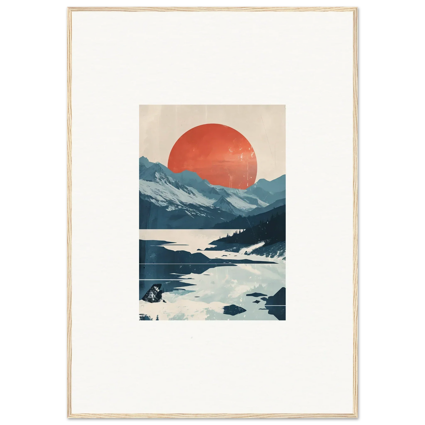 Framed canvas print of Celestial Reverie with mountains, red sun, and reflective water