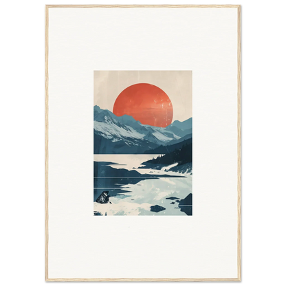 Framed canvas print of Celestial Reverie with mountains, red sun, and reflective water