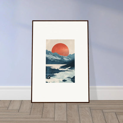 Framed canvas print of a minimalist landscape with mountains and a red sun for room decoration