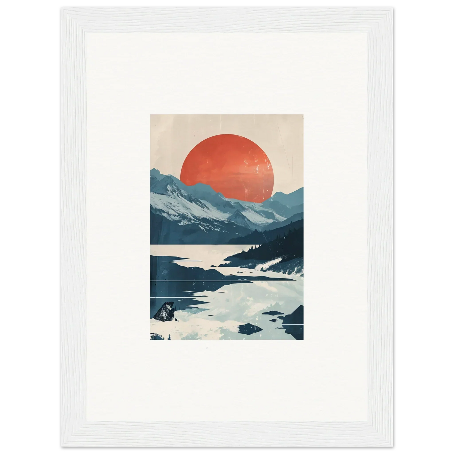 Framed canvas print of Dusky Celestial Reverie with mountains and a red sun reflection