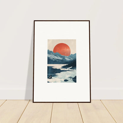 Framed canvas print of a minimalist landscape with mountains and a red sun for celestial reverie