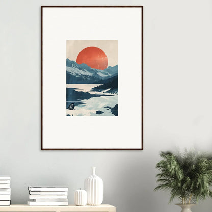 Framed canvas print of a minimalist landscape with mountains and a celestial reverie sun