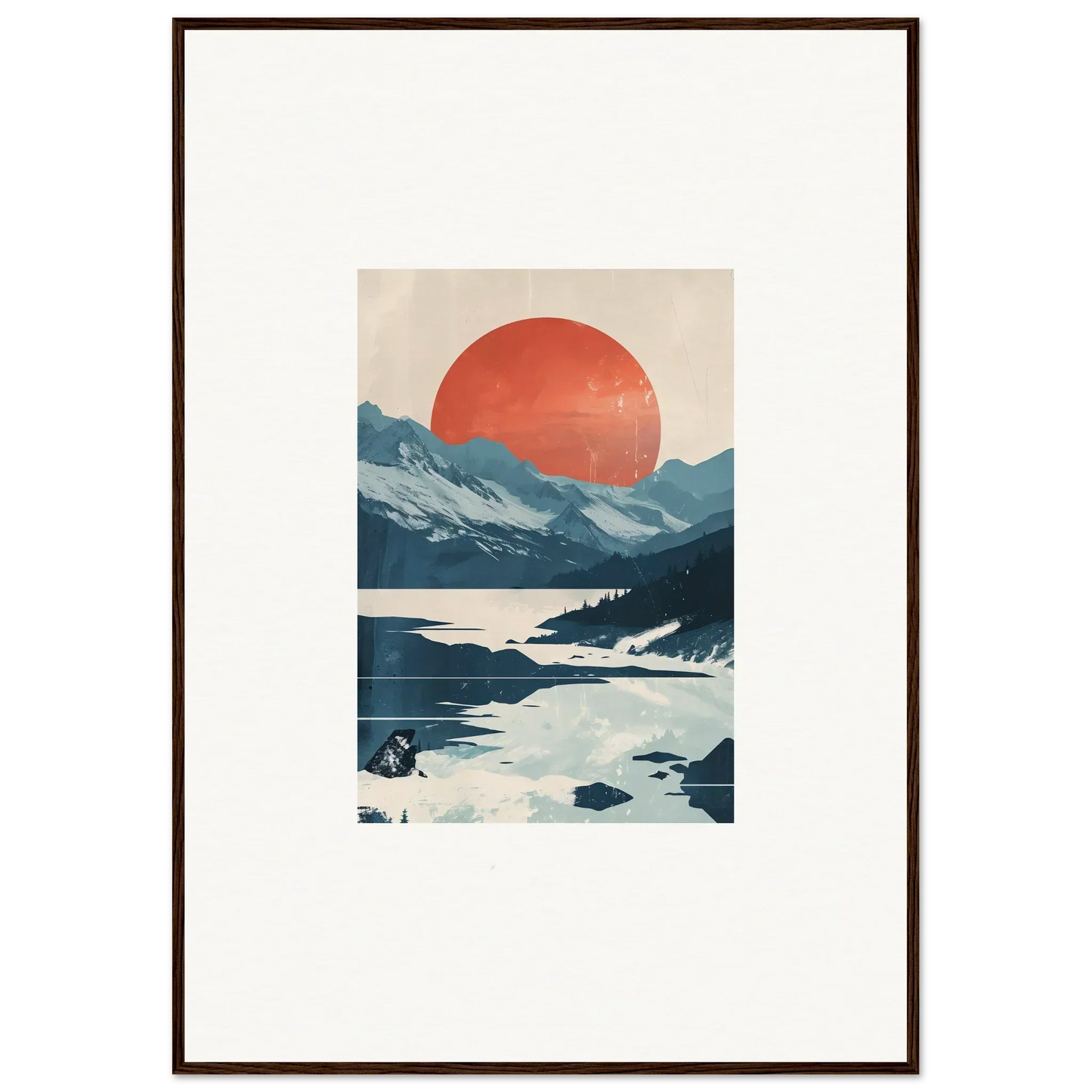 Framed canvas print of Dusky Celestial Reverie with mountains and a red sun