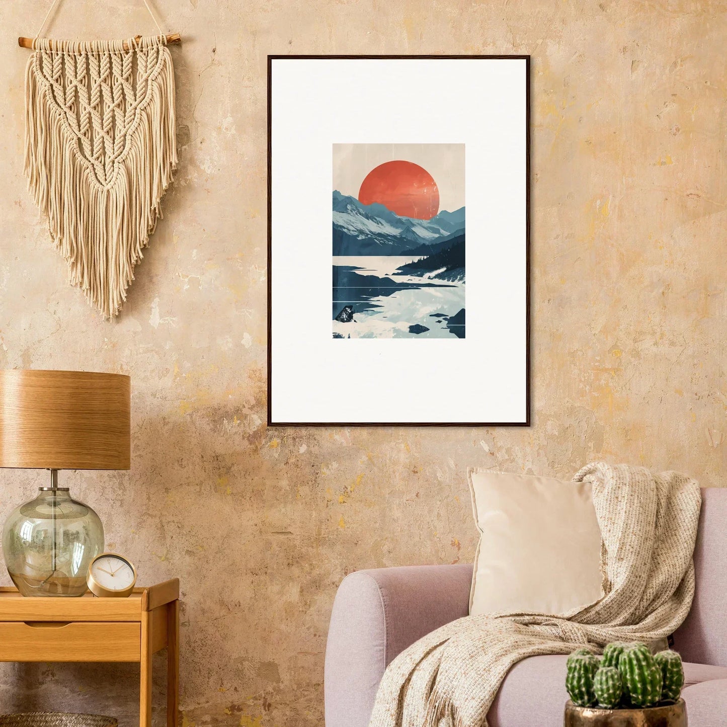 Framed canvas print of Dusky Celestial Reverie with a red sun and mountains for room decoration