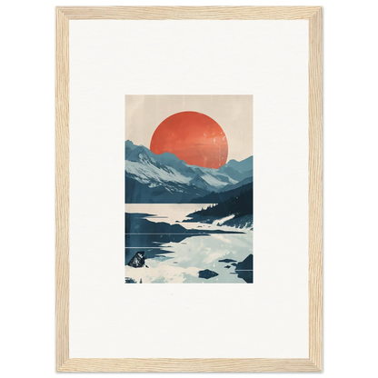 Framed canvas print of celestial reverie with mountains, a red sun, and reflective water