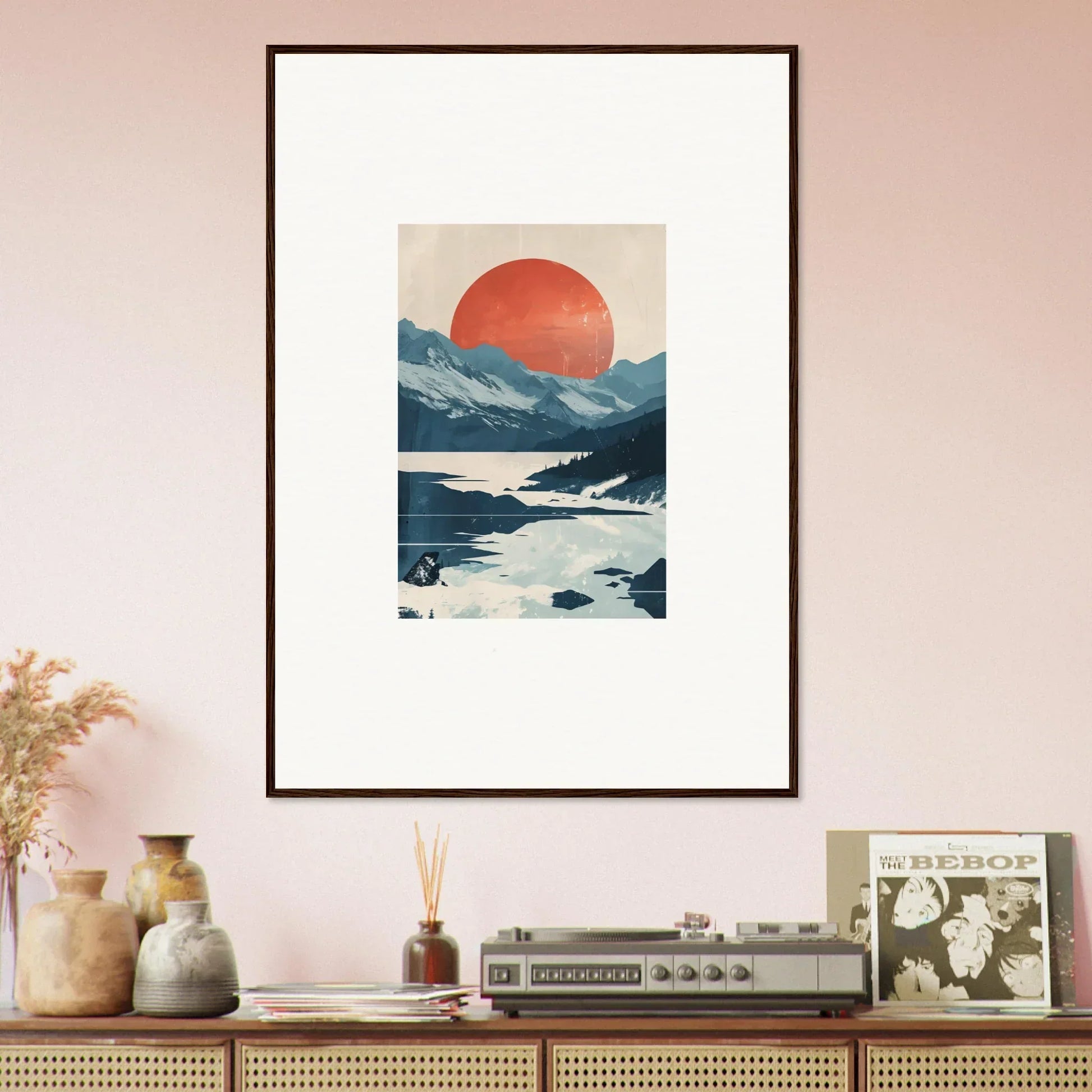 Framed canvas print of Dusky Celestial Reverie featuring minimalist mountains and a red sun