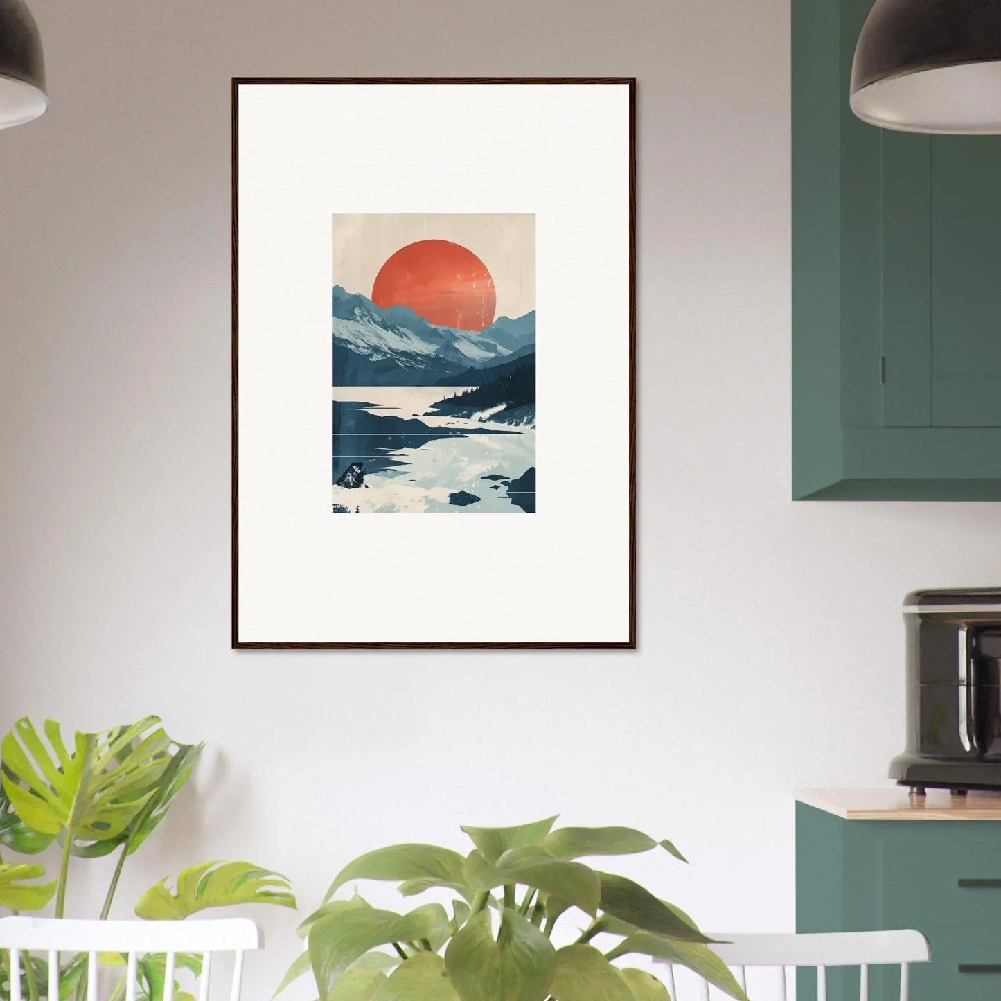 Framed canvas print of a celestial reverie with a mountain landscape and red sun