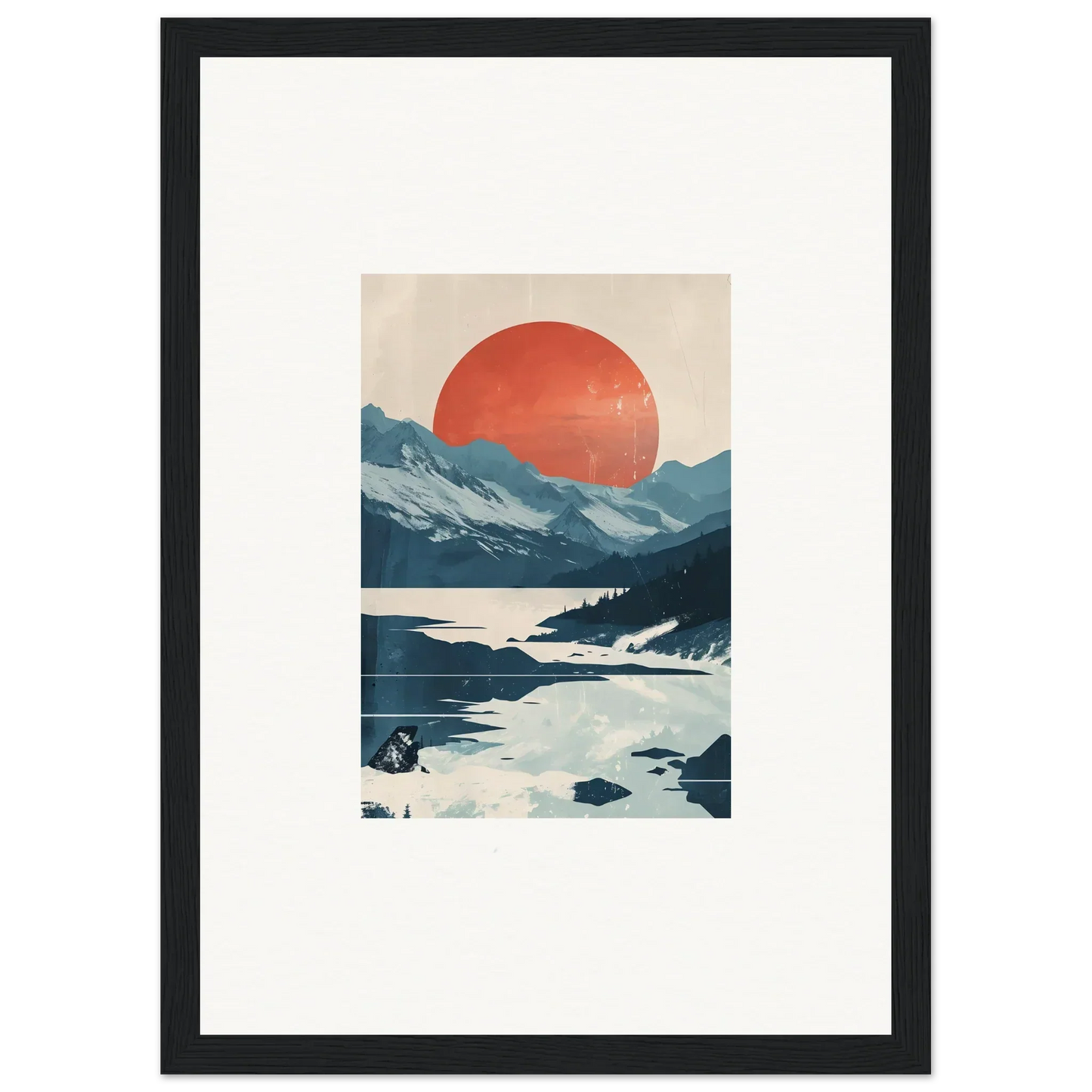 Framed minimalist landscape canvas print of celestial reverie with mountains and a red sun